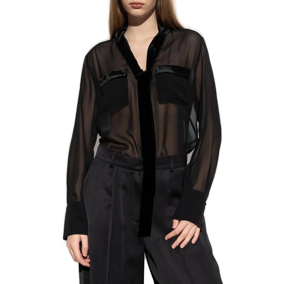 Frame Denim Tops - Frame Velvet Trim Modern Tie Blouse Black Sheer Silk Chiffon Small‎